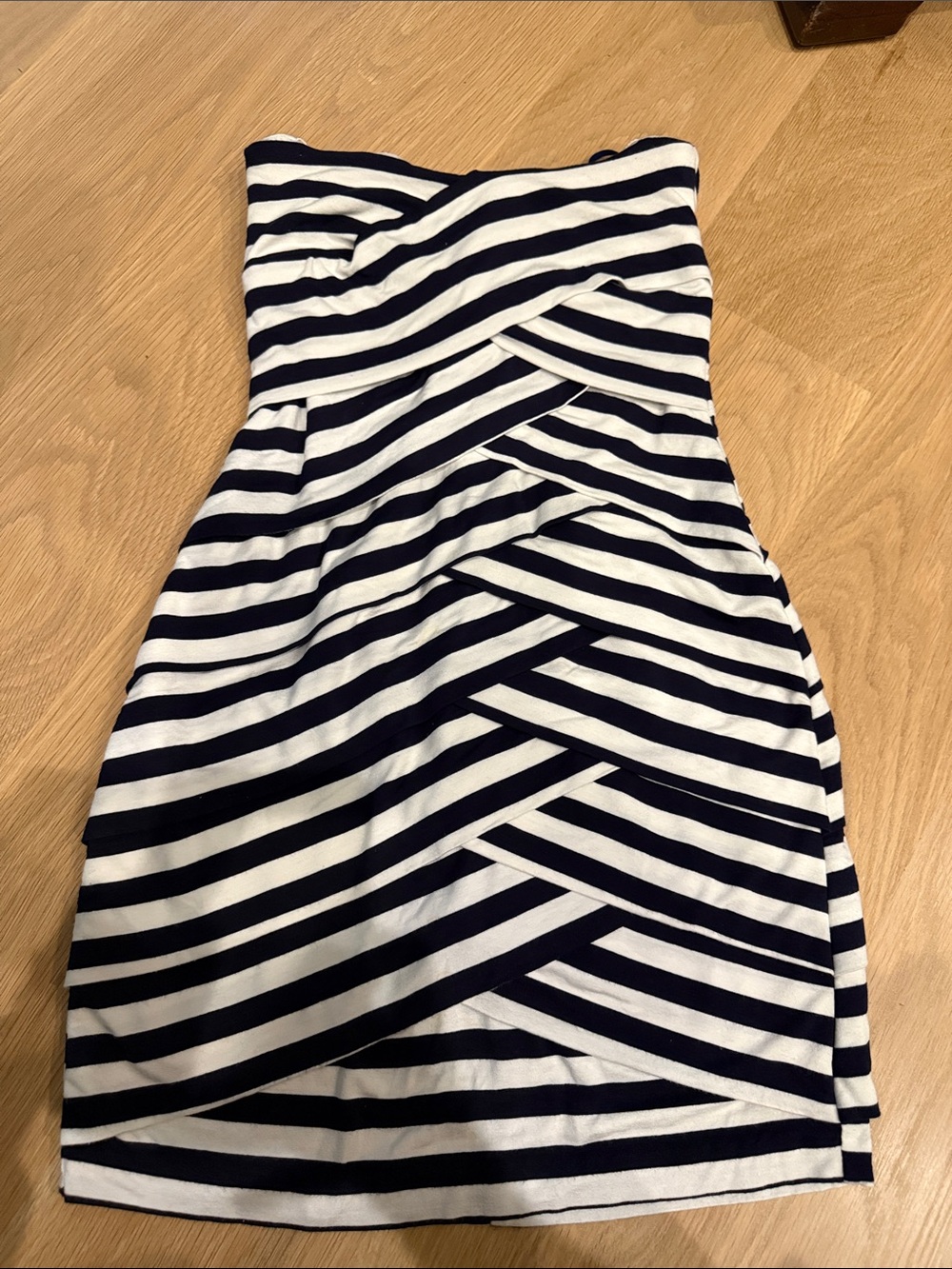 Striped Navy and White Strapless Fit-and-Flare Dress
